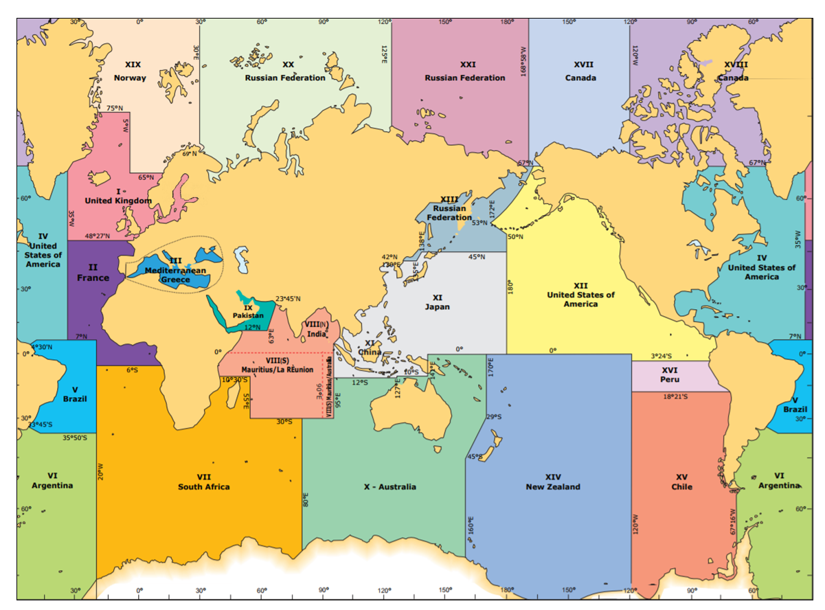 Kart over de 21 NAVAREAS (eller METAREAS) som alle verdenshavene er delt inn i.