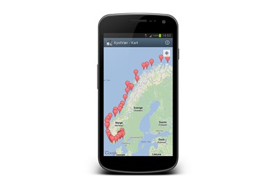 Bilde av Kystvær-appen på en mobiltelefon