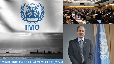 Kollasj av IMO logo, IMO forsamling, skip i havet og Trond Ski