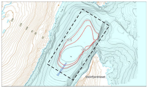 Bilde med foreløpig plangrense, med dybdekoter.