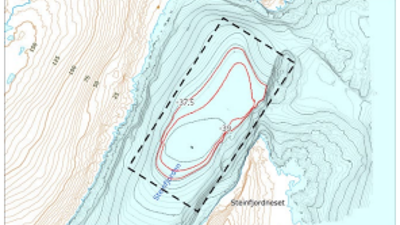 Bilde med foreløpig plangrense, med dybdekoter.
