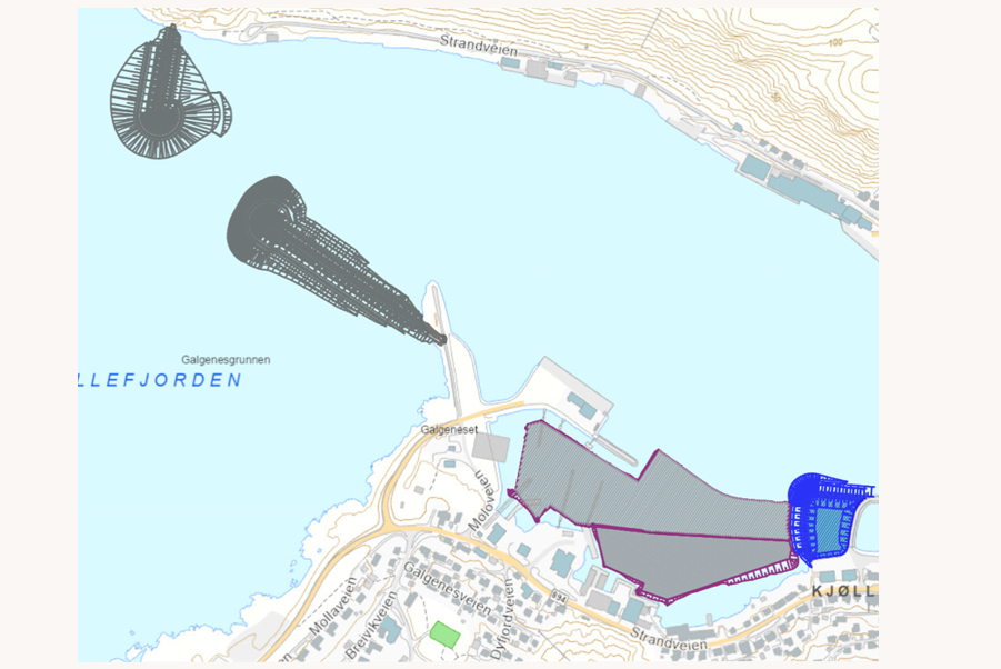 Bilde på planlagt tiltak med to moloer, utdyping av havnebassenget og strandkantdeponi.